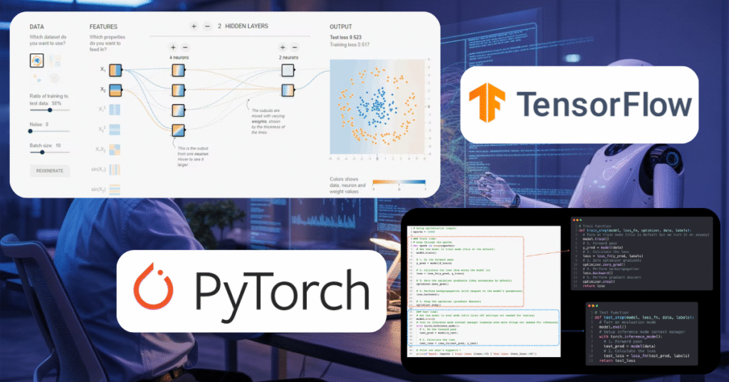 Developer visualizing neural networks and coding AI models using TensorFlow and PyTorch frameworks – AI development tools 2025