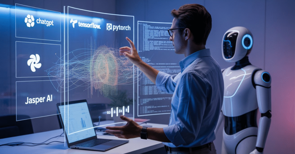 Futuristic AI workspace with holographic dashboards visualizing data and machine learning insights – Future of AI tools 2025