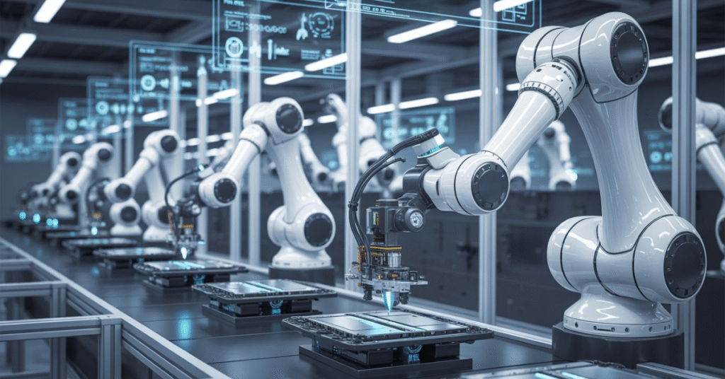 Industrial robots powered by AI performing automated manufacturing processes in a smart factory – AI automation 2025