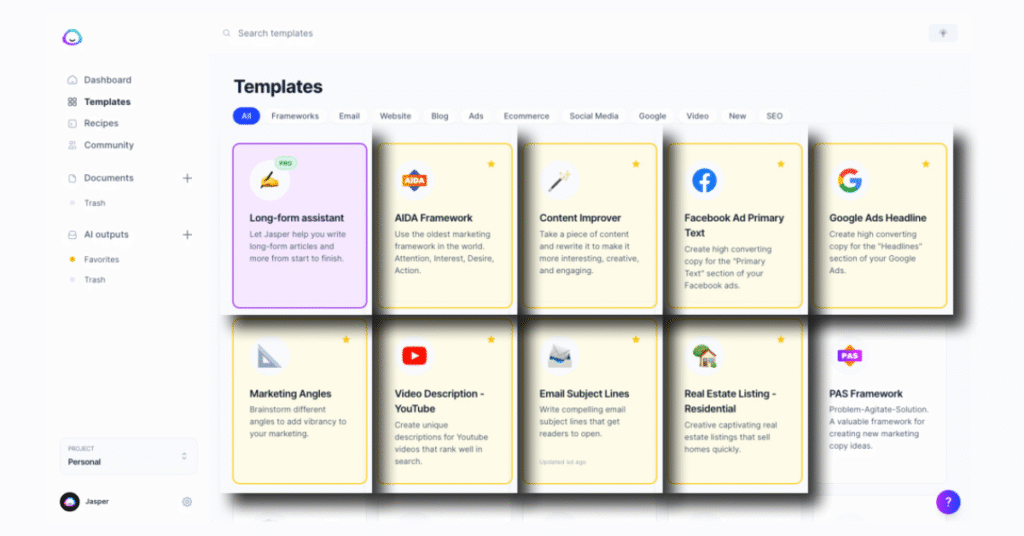 Dashboard of Jasper AI platform displaying content templates for blog, email, and social media automation – AI marketing tool 2025