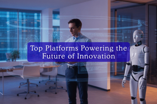 Professional collaborating with humanoid robot in a futuristic office using holographic AI interface – Best AI Tools 2025